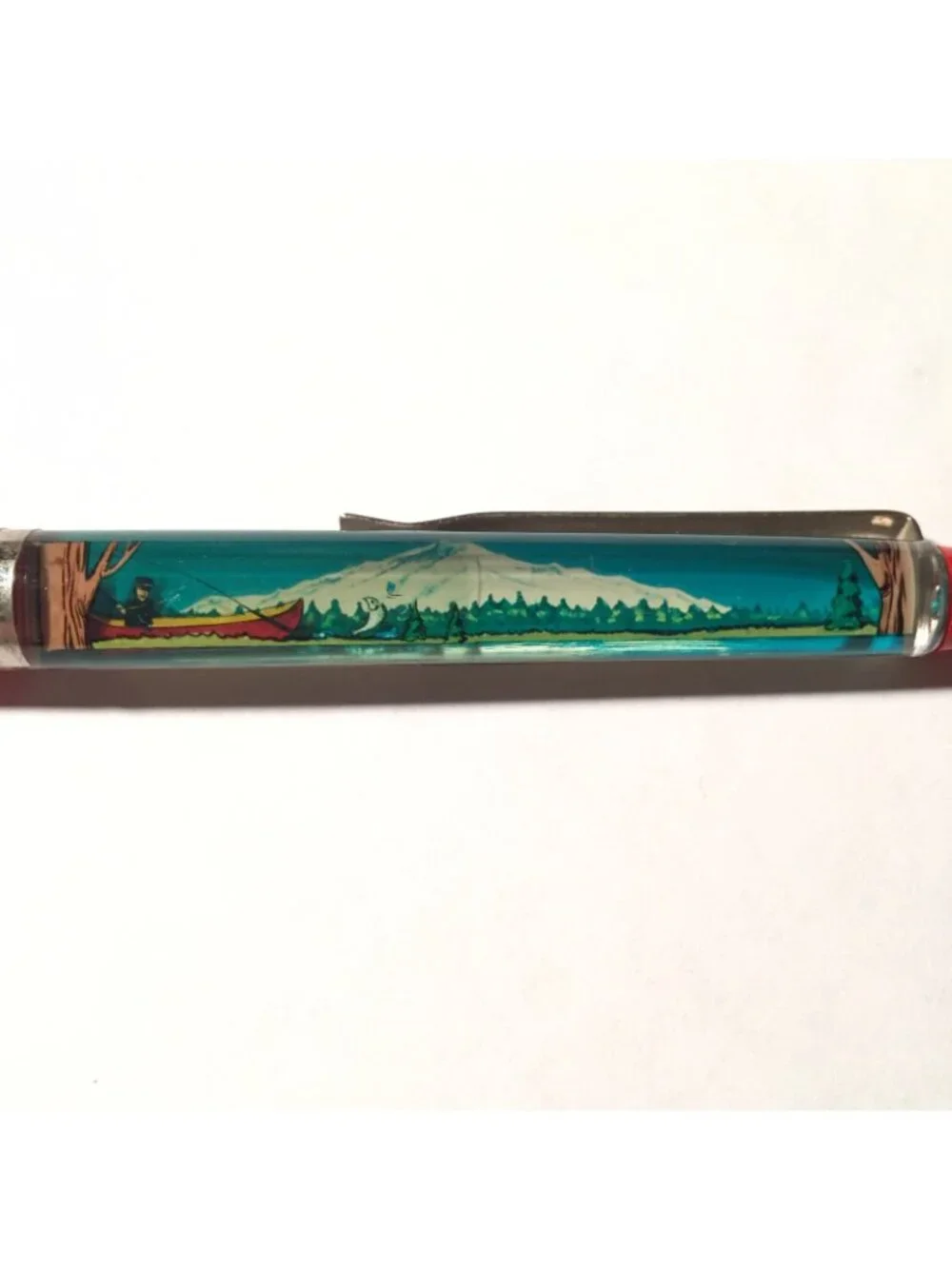 Beautiful Oregon Floaty Pen Fisherman Moves Past Lake Forest Mountains Souvenir